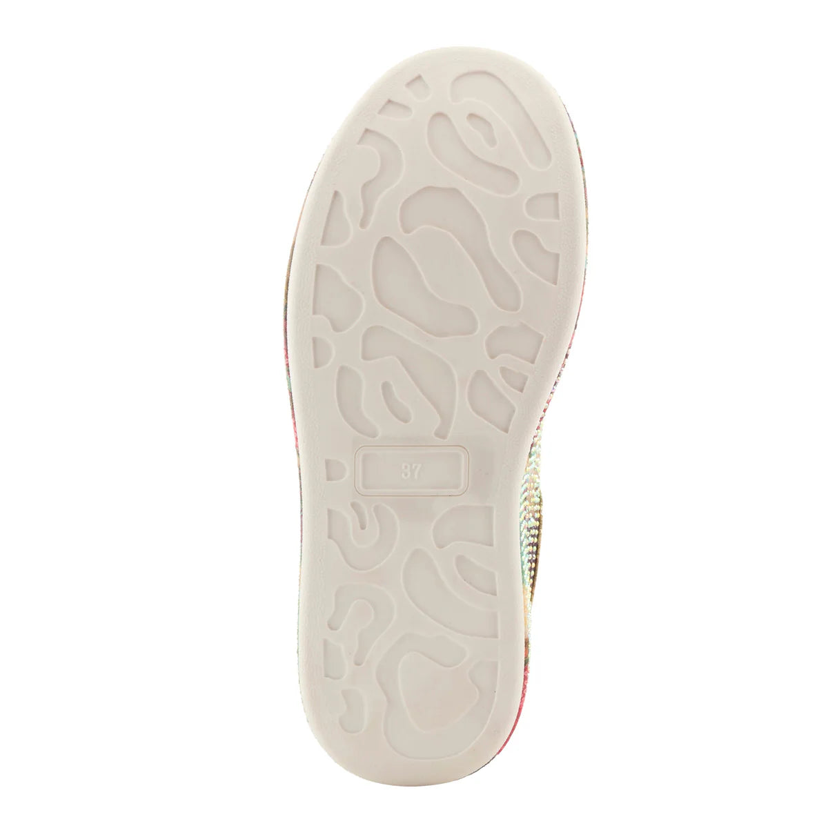 Multicolored floral-patterned sneaker with gold accents bottom view