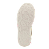 Multicolored floral-patterned sneaker with gold accents bottom view