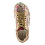 Multicolored floral-patterned sneaker with gold accents top view
