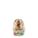 Multicolored floral-patterned sneaker with gold accents rear view