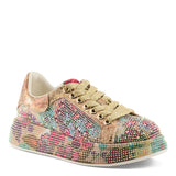 Multicolored floral-patterned sneaker with gold accents front view
