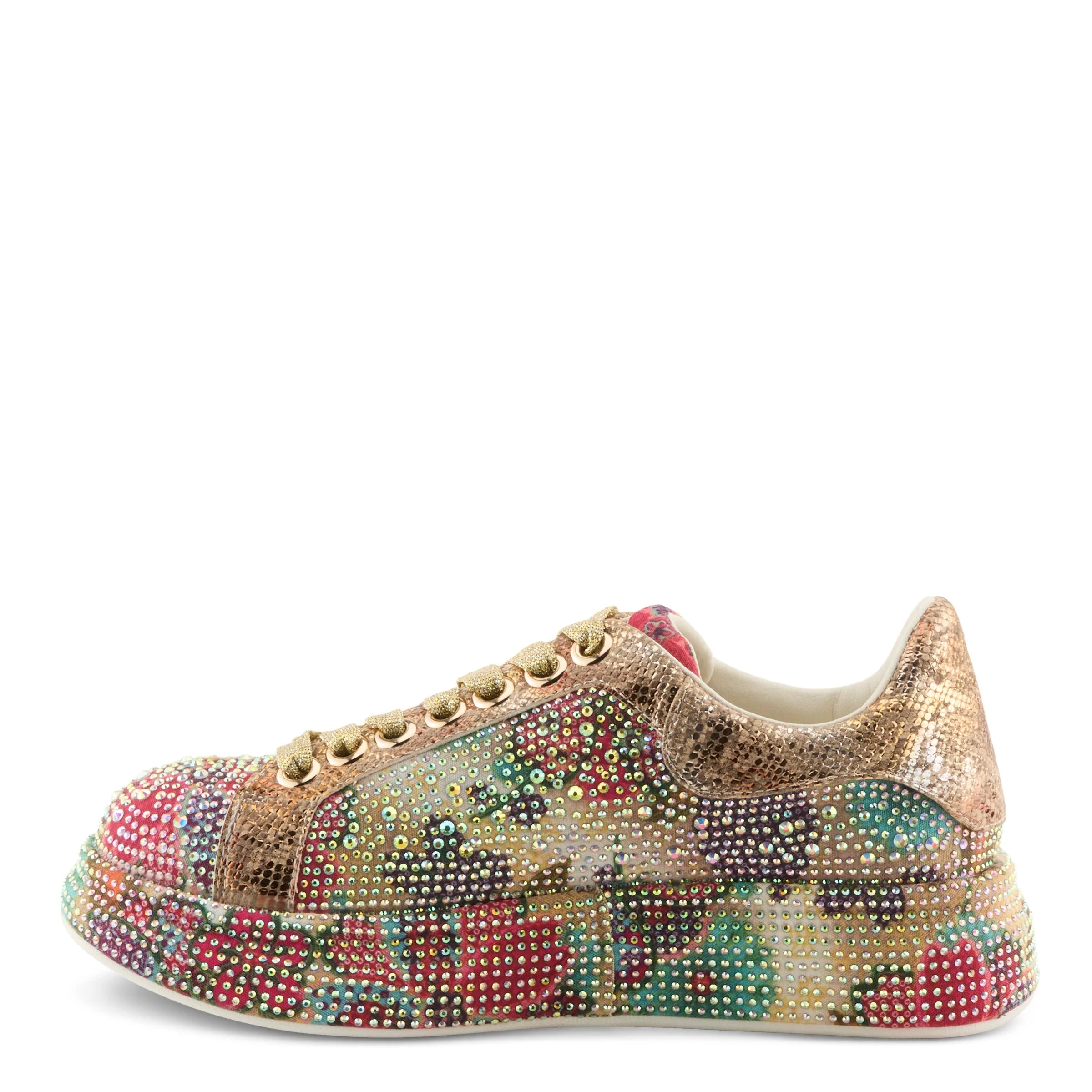 Multicolored floral-patterned sneaker with gold accents side view