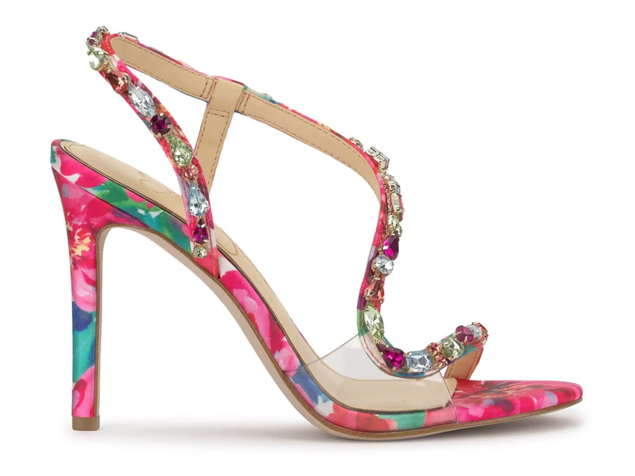 Colorful sling back heel with floral design and gemstones close-up