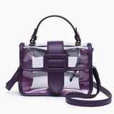 Purple handbag with clear front panel 