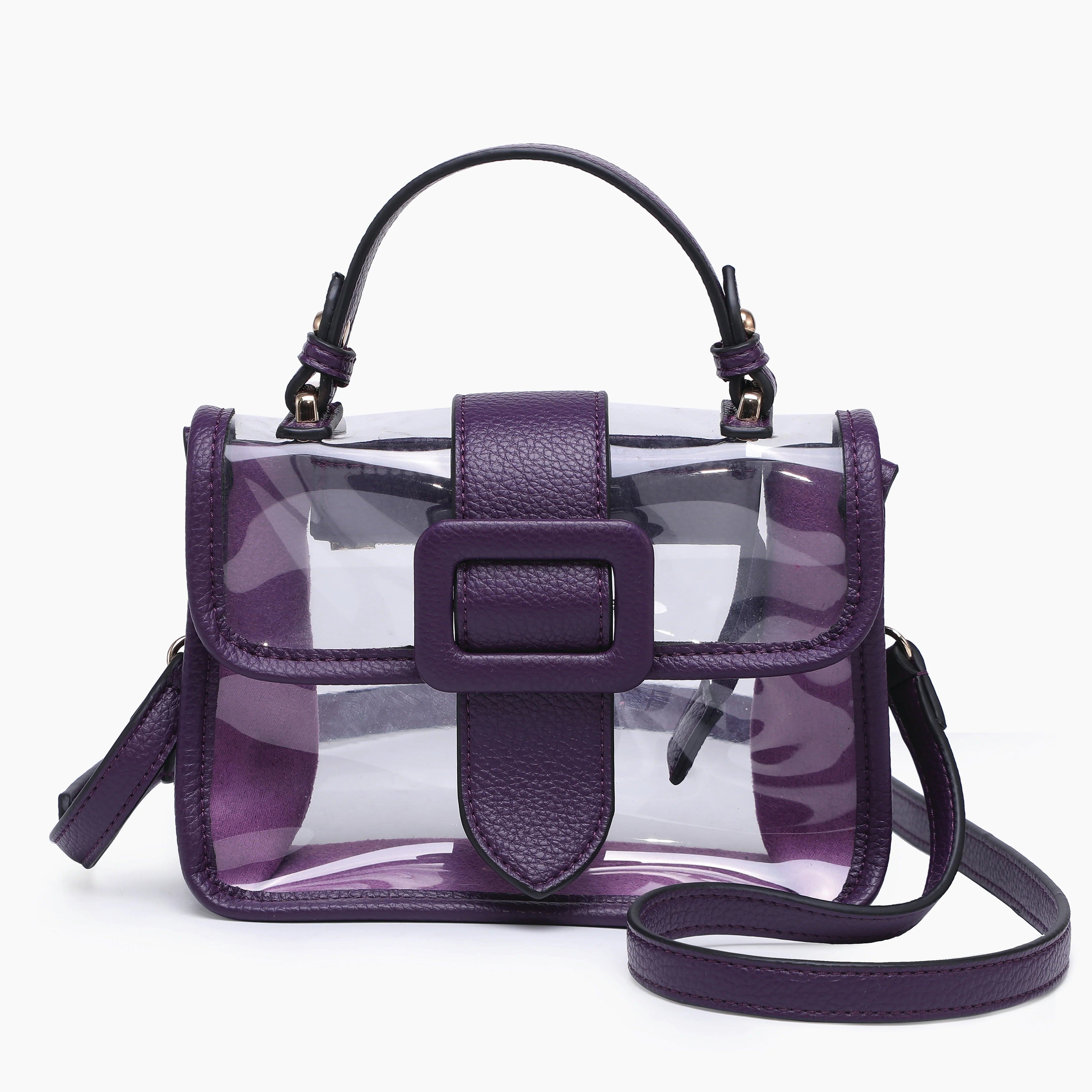 Purple handbag with clear front panel 