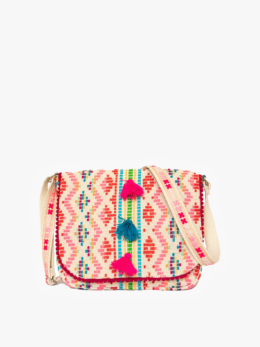 Colorful patterned crossbody bag with tassels alt view