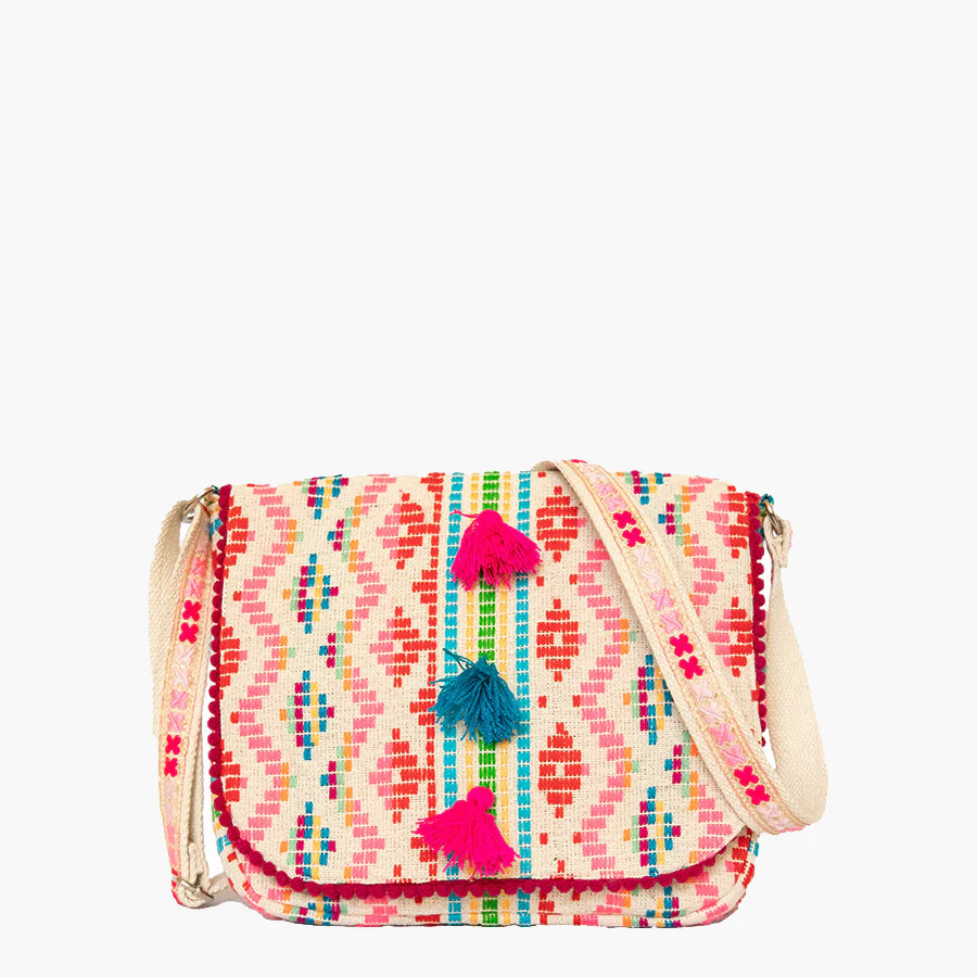 Colorful patterned crossbody bag with tassels alt view