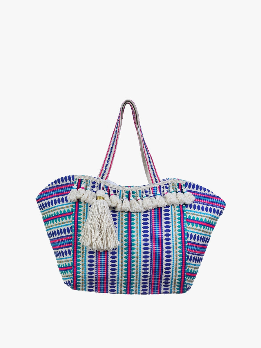 Colorful patterned tote bag with tassels alt view