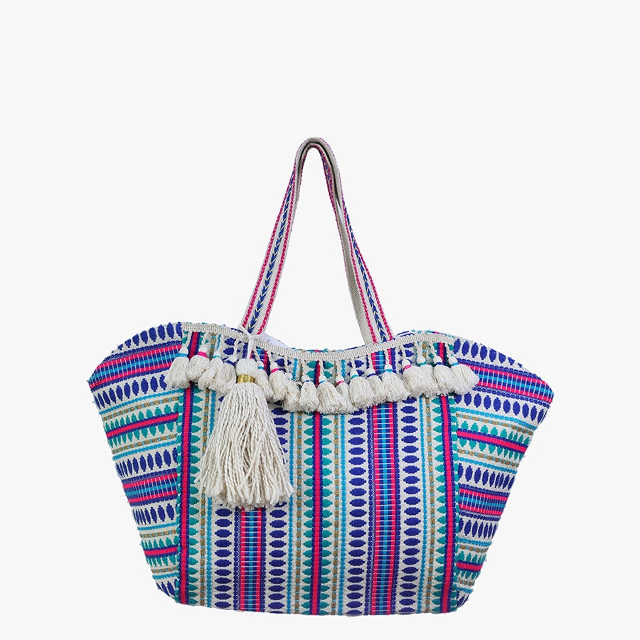 Colorful patterned tote bag with tassels alt view