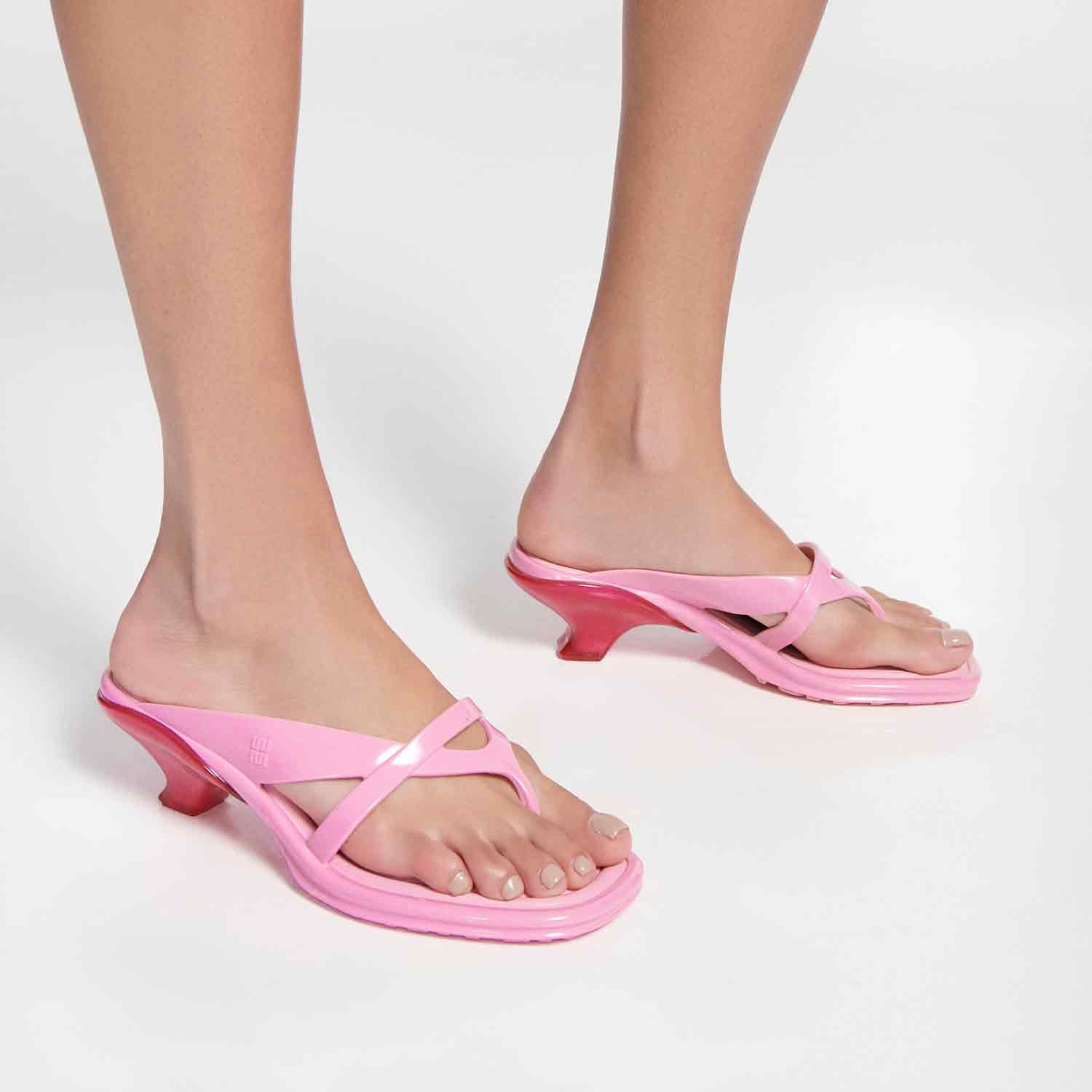 Pink & red kitten heel with thong strap model