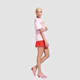 Pink & red kitten heel with thong strap model full view