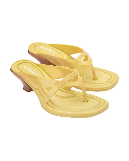 Yellow & caramel kitten heel with thong strap pair