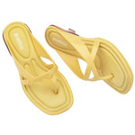 Yellow & caramel kitten heel with thong strap top & side view