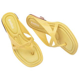 Yellow & caramel kitten heel with thong strap top & side view