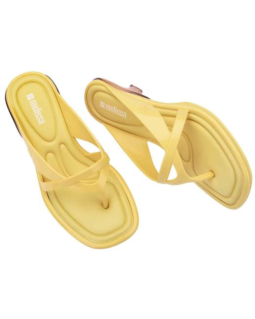 Yellow & caramel kitten heel with thong strap top & side view