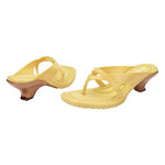 Yellow & caramel kitten heel with thong strap pair front & back