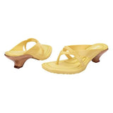 Yellow & caramel kitten heel with thong strap pair front & back