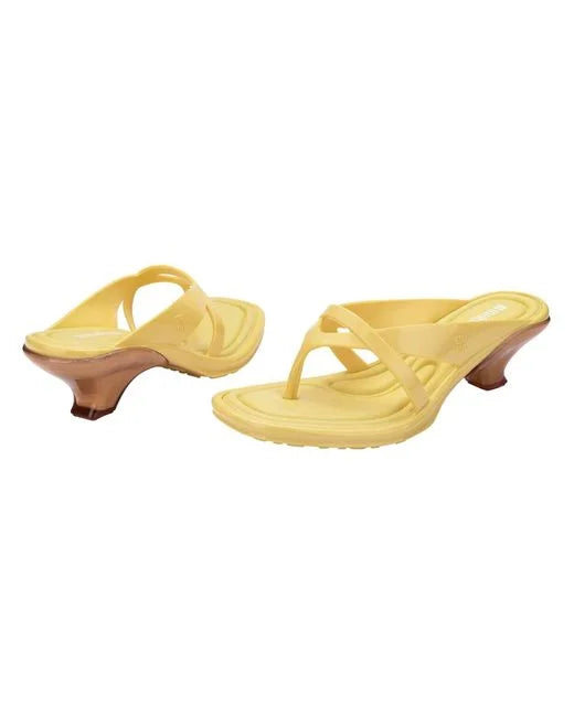 Yellow & caramel kitten heel with thong strap pair front & back