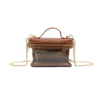 Brown handbag with clear front section and gold chain strap on a white background
