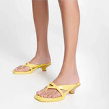 Yellow & caramel kitten heel with thong strap model