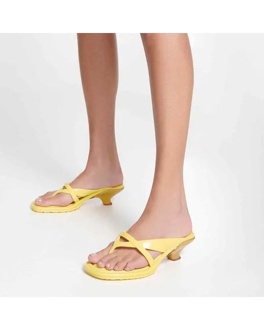 Yellow & caramel kitten heel with thong strap model