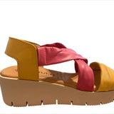 Yellow wedge with pink straps and beige heel close-up