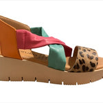 Colorful pink and green strap wedge with leopard print toe strap close-up