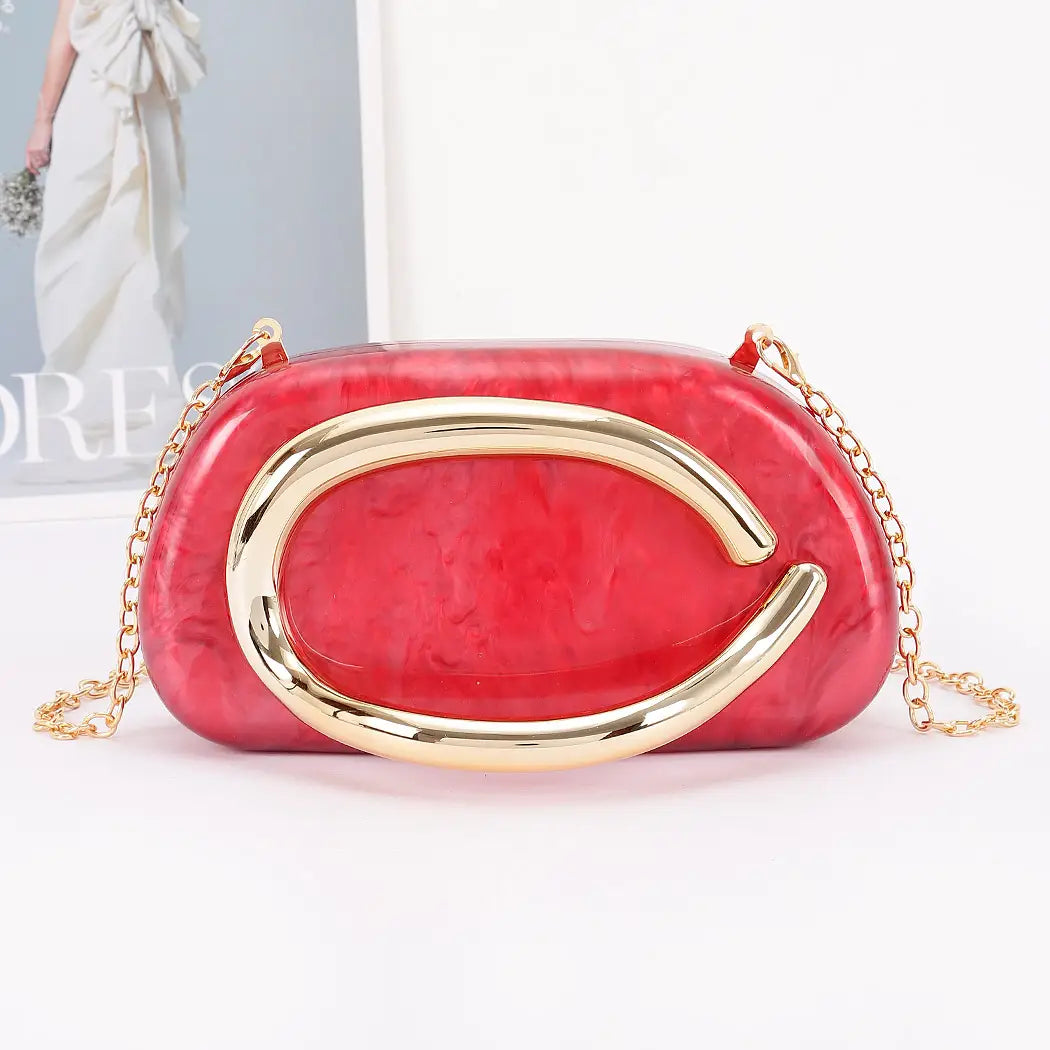 Red clutch bag with gold chain alt view