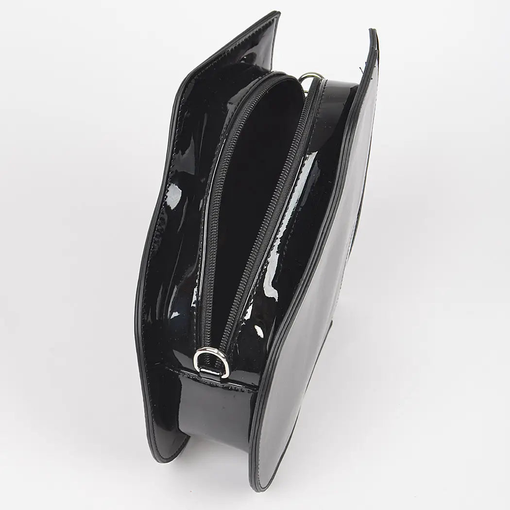Black grand piano handbag with black strap opening