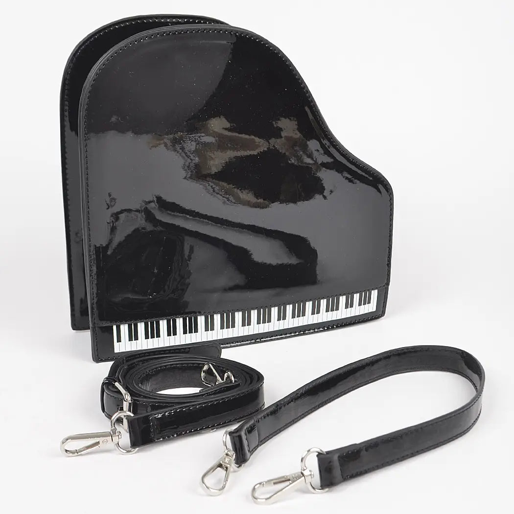 Black grand piano handbag with black strap alt view