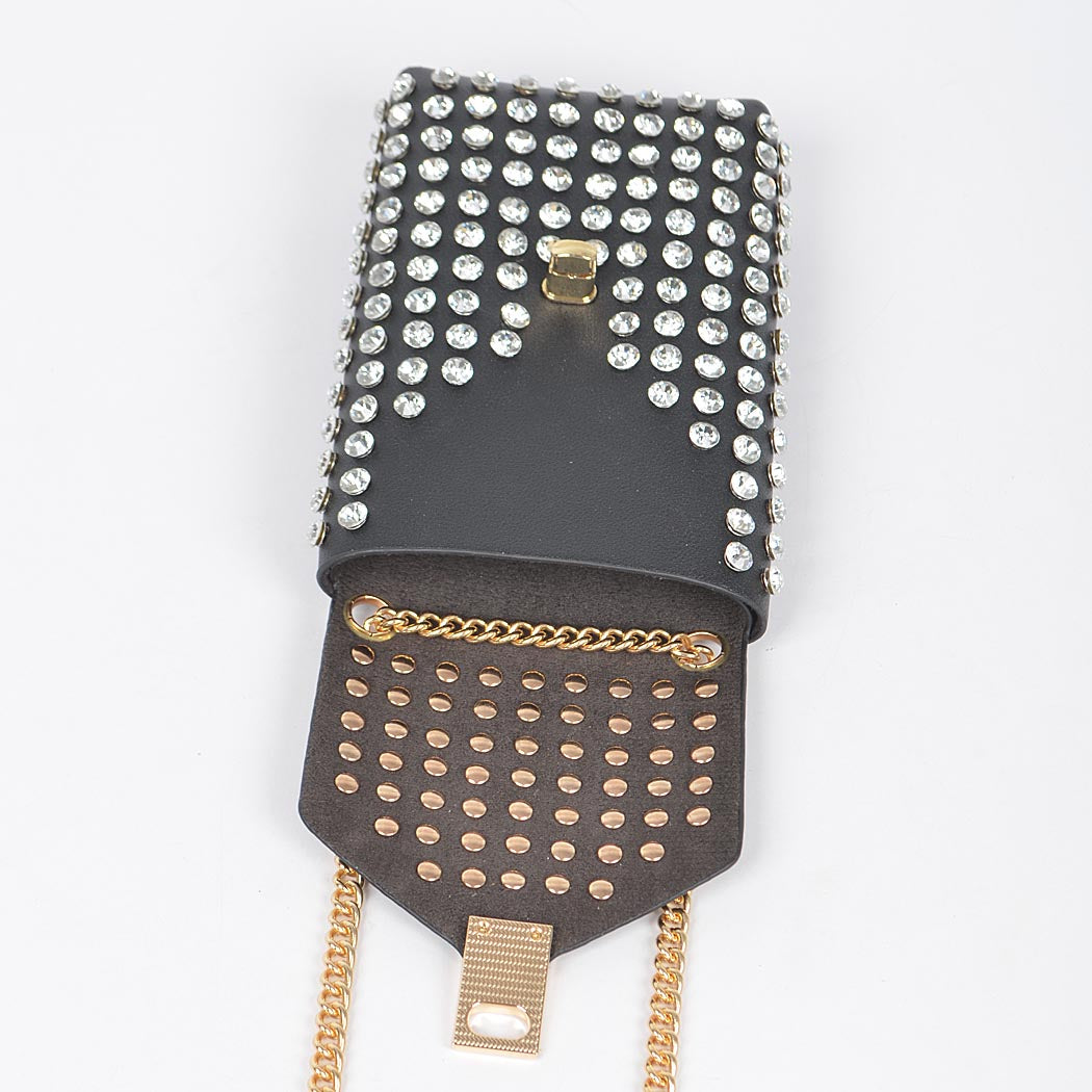 Gray studded pouch with gold chain opening