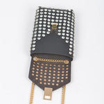 Gray studded pouch with gold chain opening