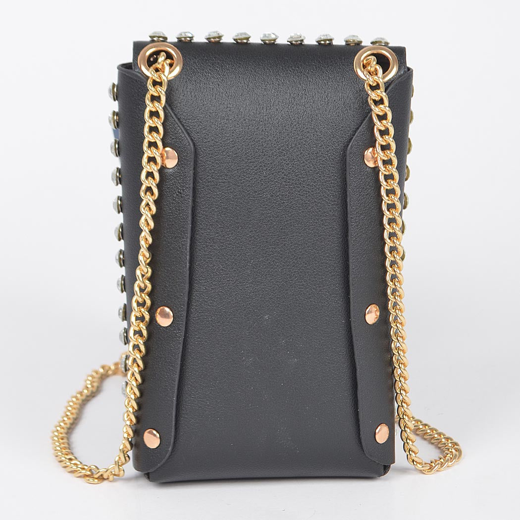 Gray studded pouch with gold chain back