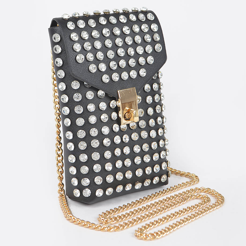 Gray studded pouch with gold chain alt view alt view 2