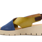 Blue and green wedge with a beige sole, brown heel strap and buckle closure inner side view