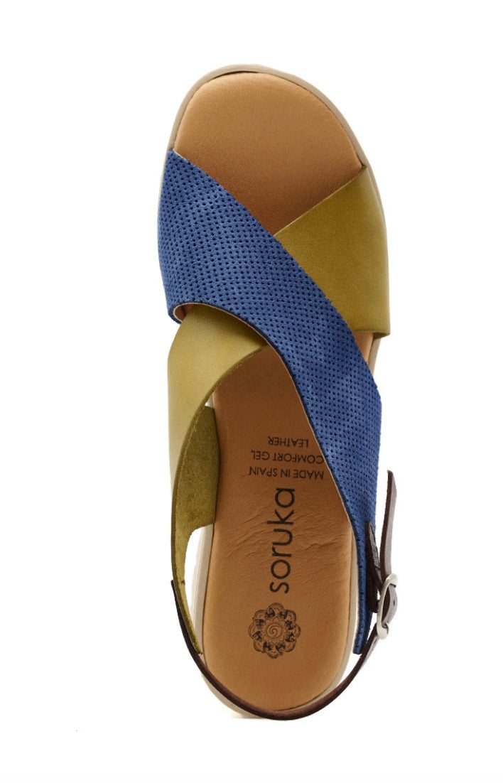 Blue and green wedge with a beige sole, brown heel strap and buckle closure top view