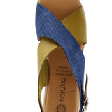 Blue and green wedge with a beige sole, brown heel strap and buckle closure top view