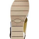 Blue and green wedge with a beige sole, brown heel strap and buckle closure bottom view