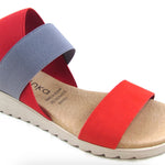 Red and gray sandal bone colored heel close-up