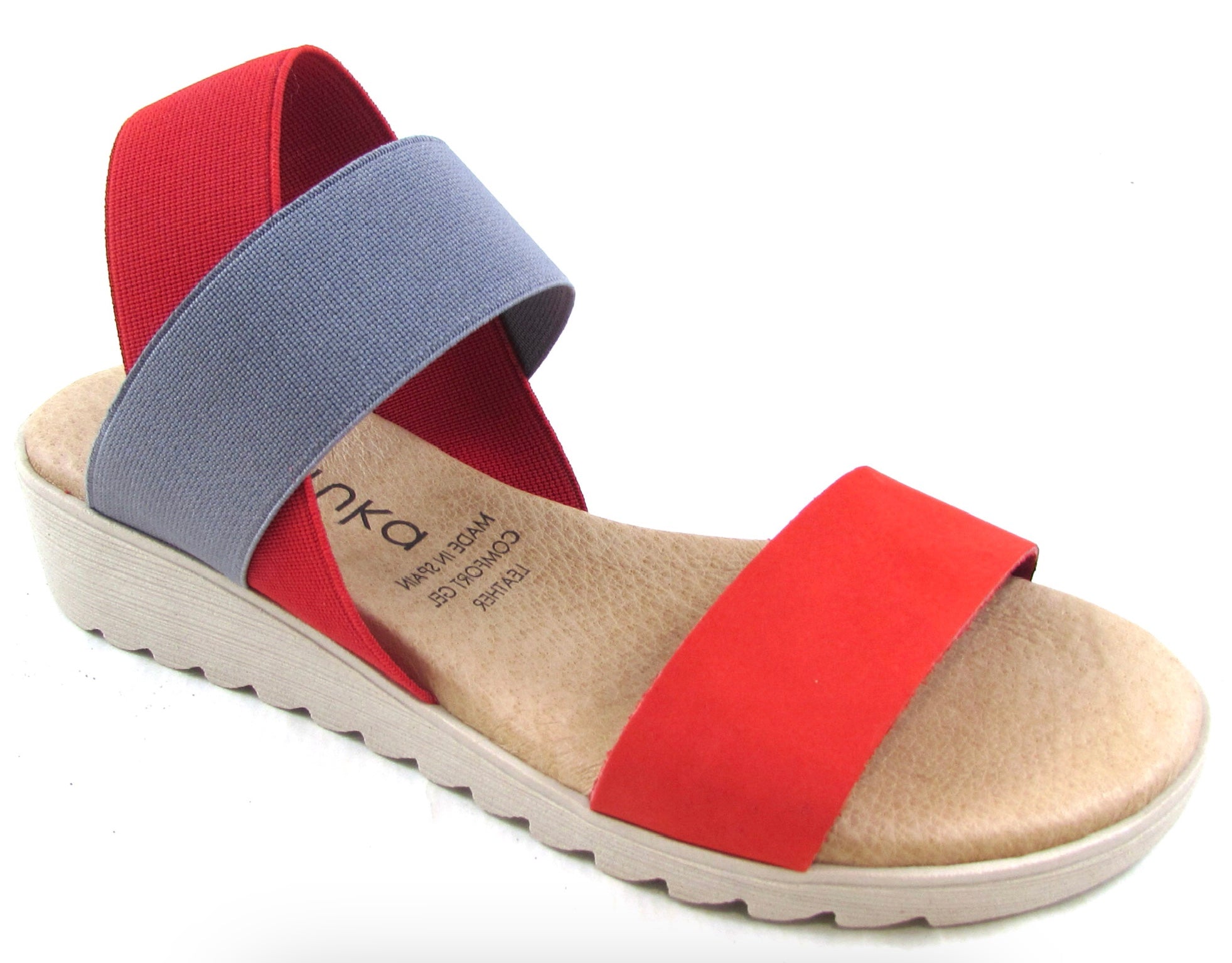 Red and gray sandal bone colored heel close-up