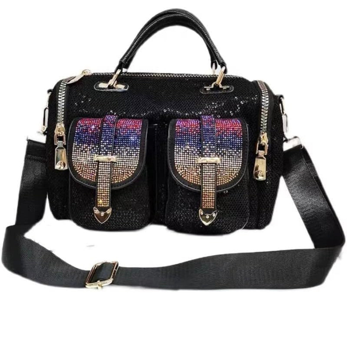 Black handbag with gold accents and decorative elements alt view