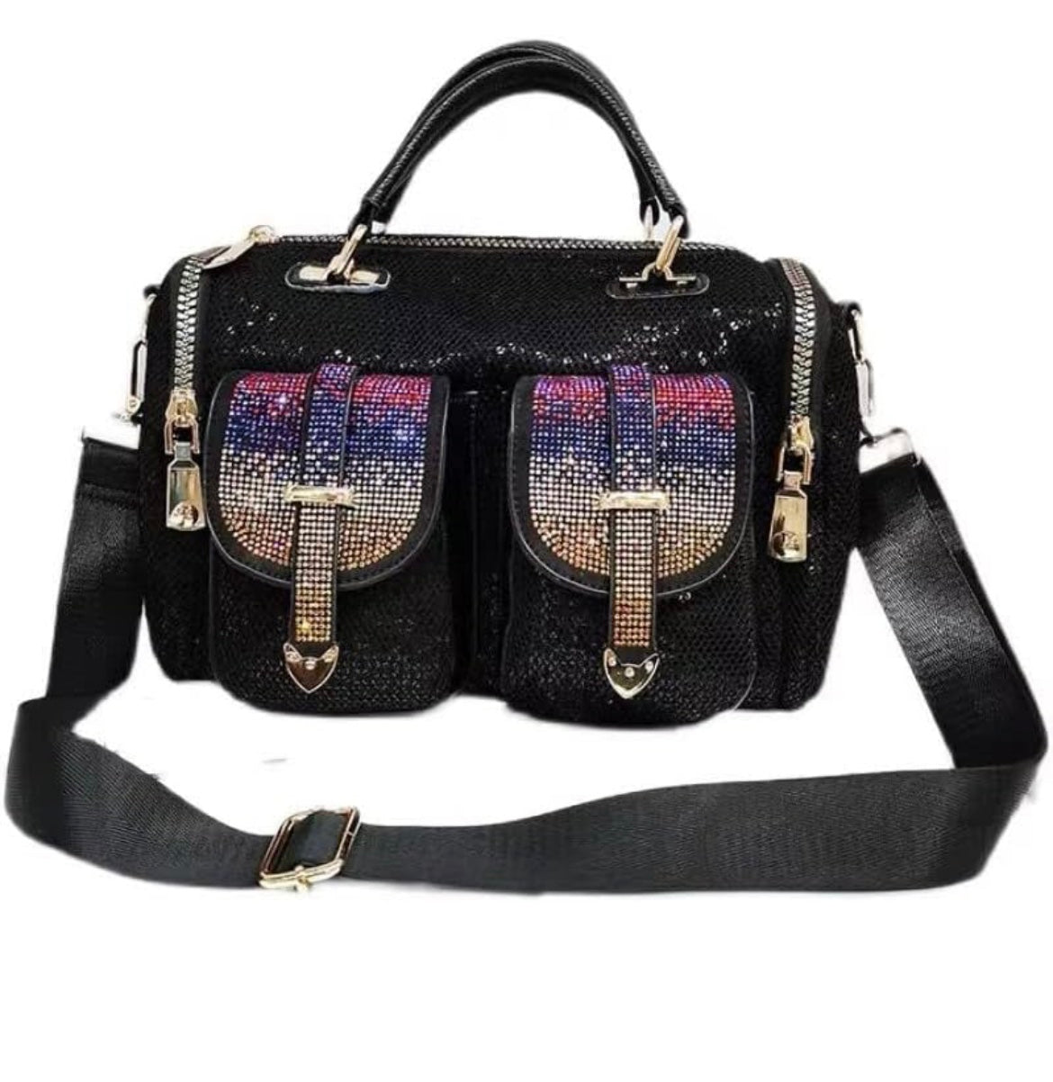 Black handbag with gold accents and decorative elements alt view