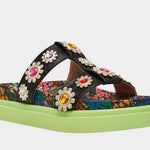 Floral sandal with colorful jewel embellishments and green heel side view