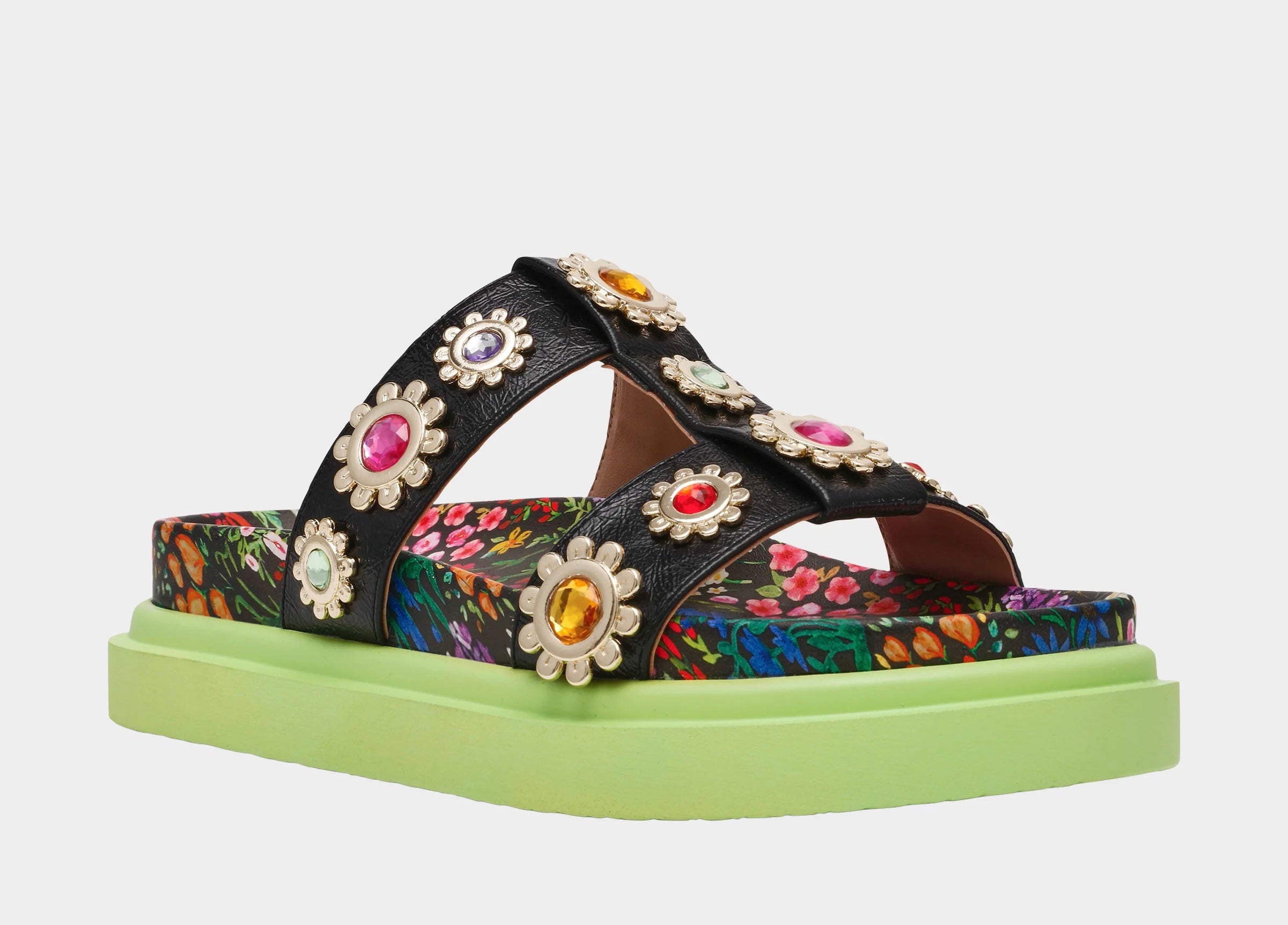 Floral sandal with colorful jewel embellishments and green heel side view