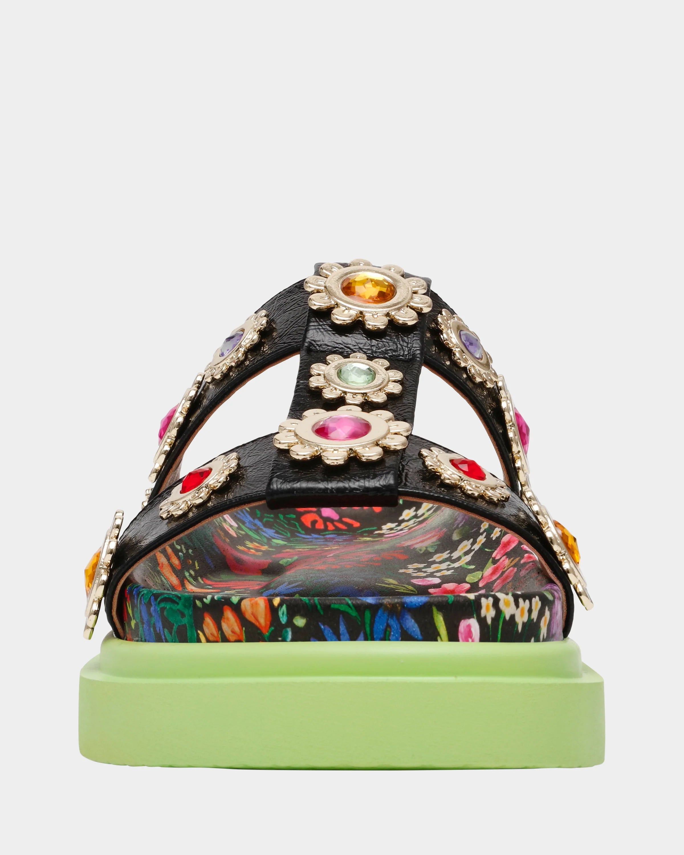 Floral sandal with colorful jewel embellishments and green heel front view