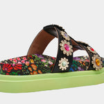 Floral sandal with colorful jewel embellishments and green heel rear view