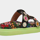 Floral sandal with colorful jewel embellishments and green heel rear view