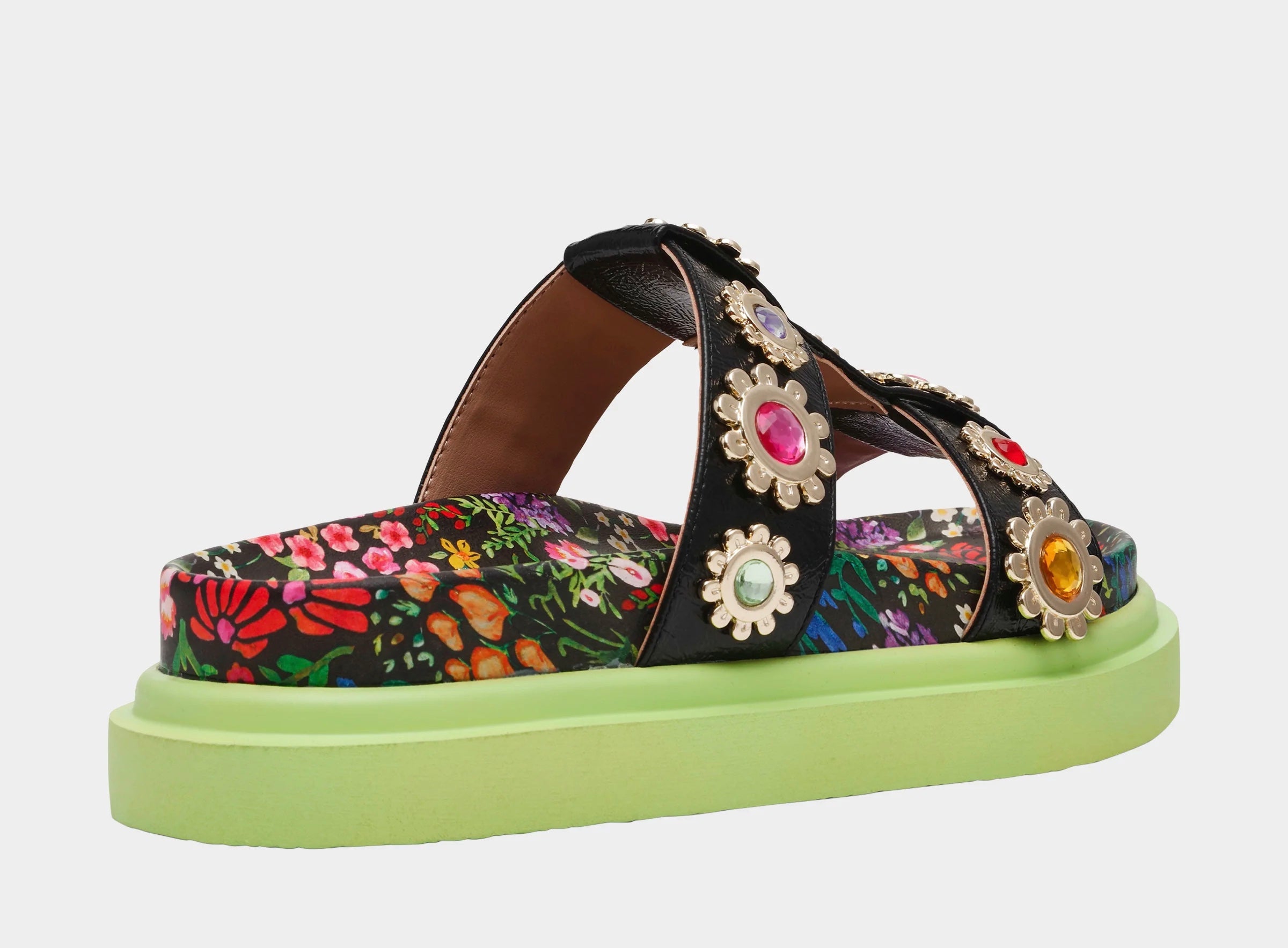 Floral sandal with colorful jewel embellishments and green heel rear view