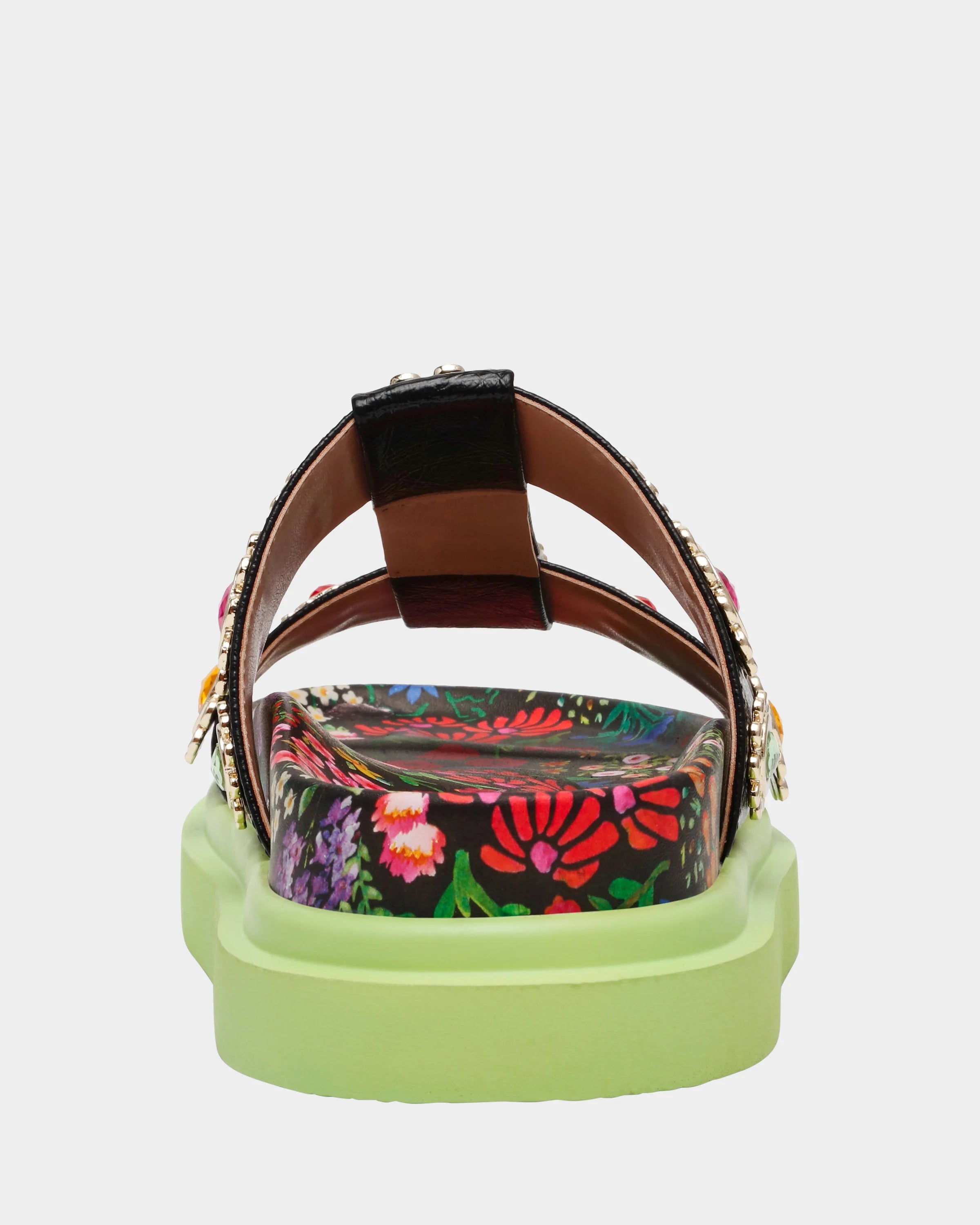 Floral sandal with colorful jewel embellishments and green heel heel view