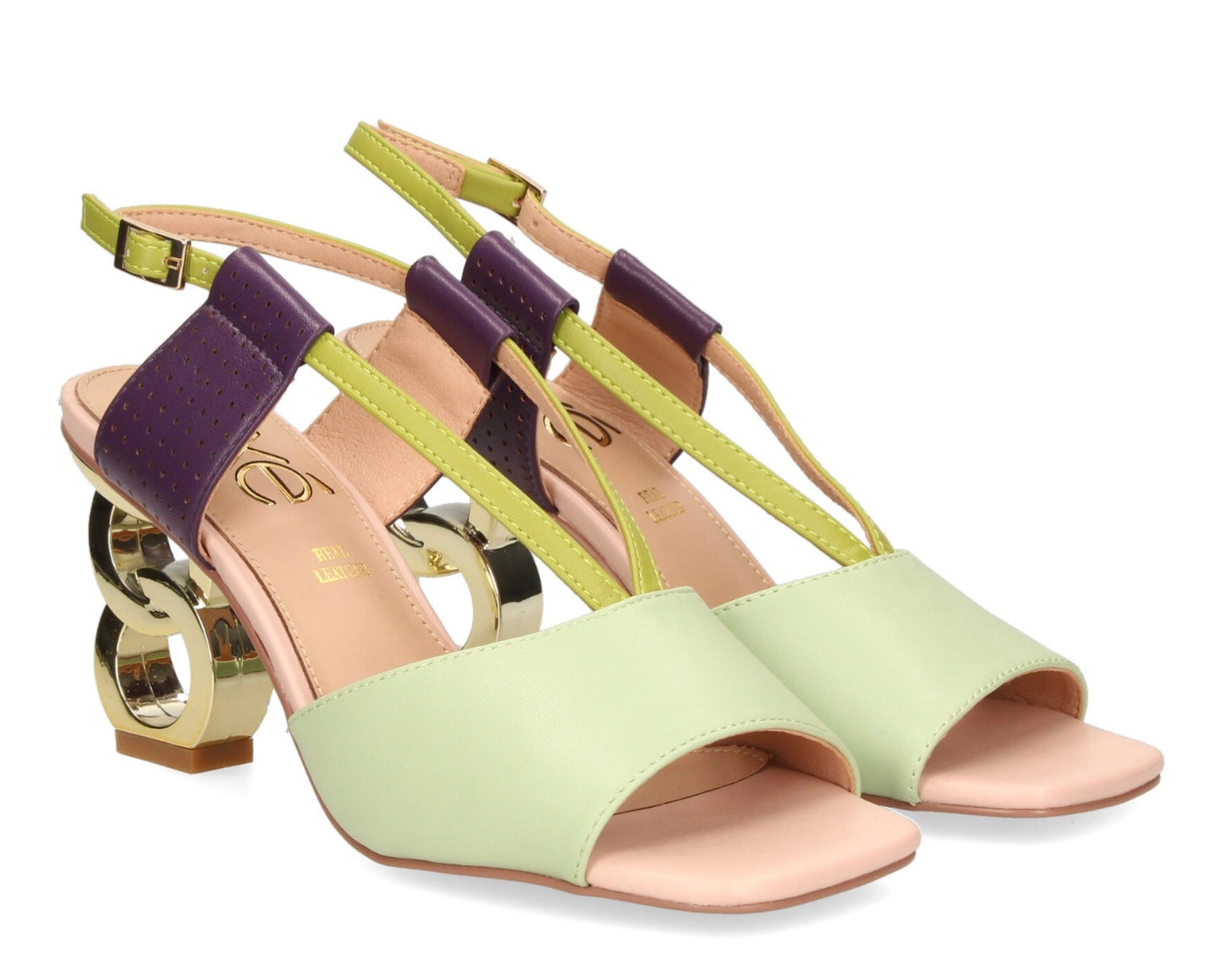 Green heel with green & purple strap and gold heel pair